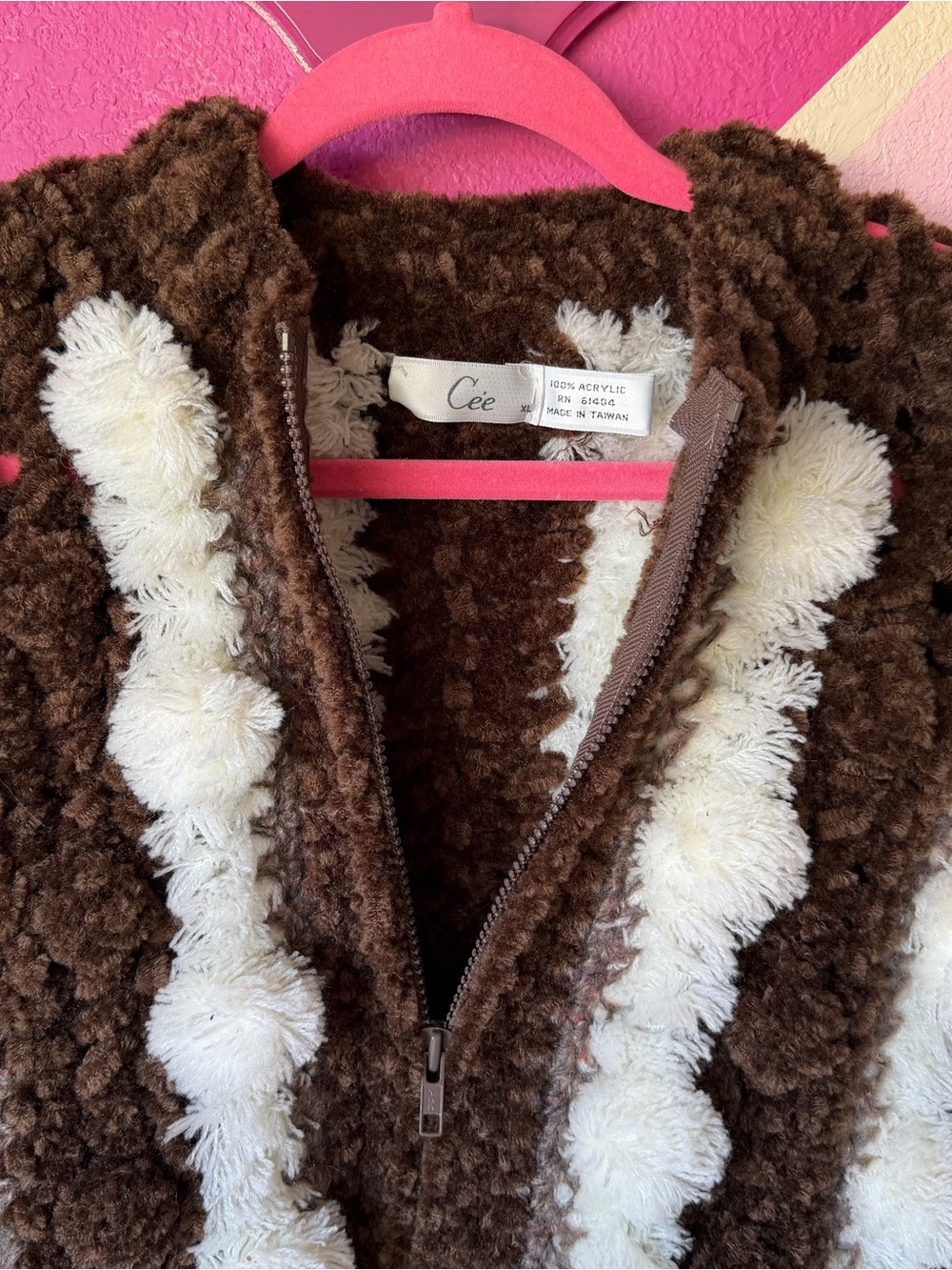 Vintage 90s Cee Brown Stripe Pom-Pom Fuzzy Zip Jacket Novelty Knit XL - Picture 1 of 13